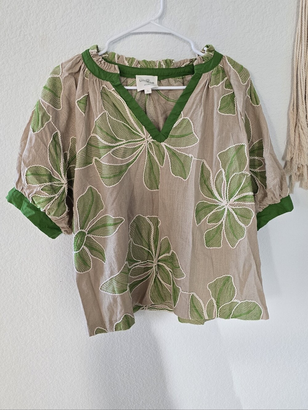 Umgee Green Floral Cotton Linen Blend Peasant Top